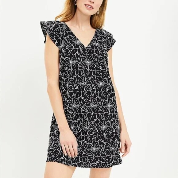 LOFT Black and White Floral Embroidered Flutter Sleeve V Neck Shift Dress Size M - Picture 1 of 5